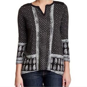 Lucky Brand Women's Boho Black Print 3/4 Sleeve Tunic Top